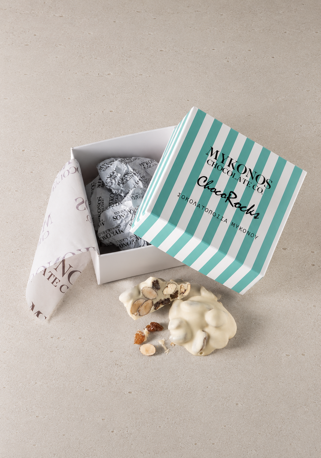 ChocoRocks WHITE CHOCOLATE GREEK GOLDEN RAISINS & ROASTED ALMONDS 150g
